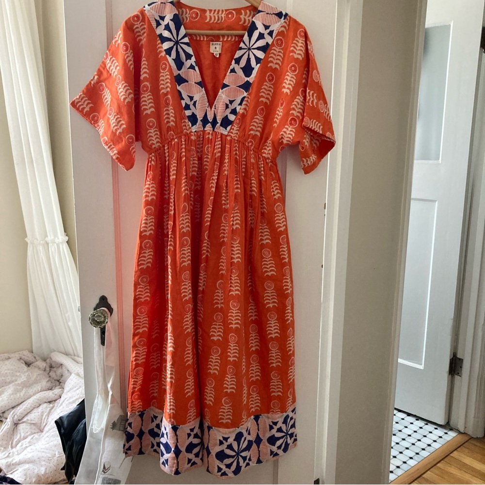 V-Neck Orange Patterned Midi Dress with Navy Contrast Trim
